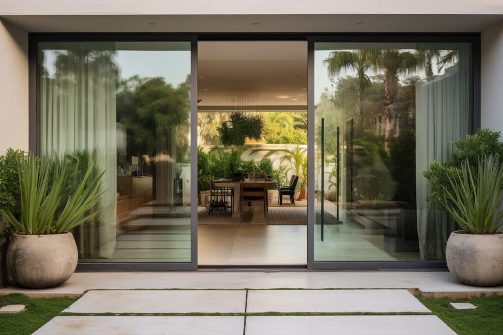Sliding glass doors and a patio in a modern residence