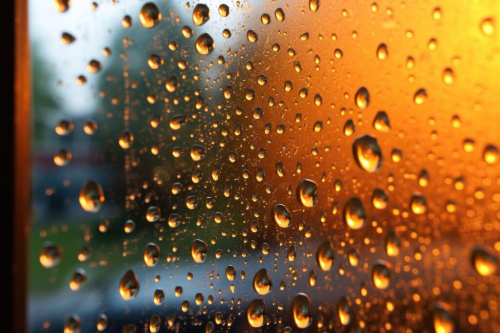 Water droplets on a window pane, reflecting the gray sky outside