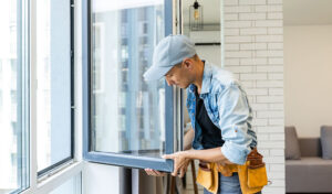 A Man In Eco-friendly Overalls And A Cap Is Energetically Fixing An Energy-efficient Glass Window