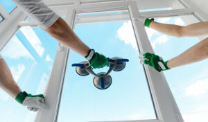 two-people-in-green-gloves-cleaning-windows,-glass-maintenance