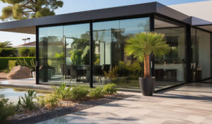 Sleek glass wall installation in modern home, promoting seamless indoor-outdoor living with spacious patio